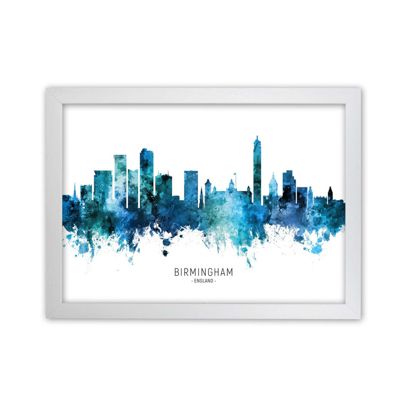 Birmingham England Skyline Blue City Name by Michael Tompsett - Print, White Framed, 25cm H x 34cm W x 3cm D