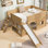  Lit mezzanine double avec glissade, tablettes de rangement et fenêtre, naturel