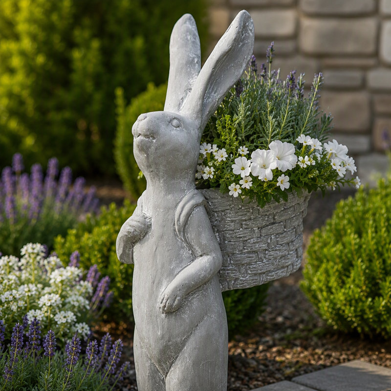 Grand panier de jardin en ciment en forme de lapin, statue de lapin debout pour la décoration du jardin