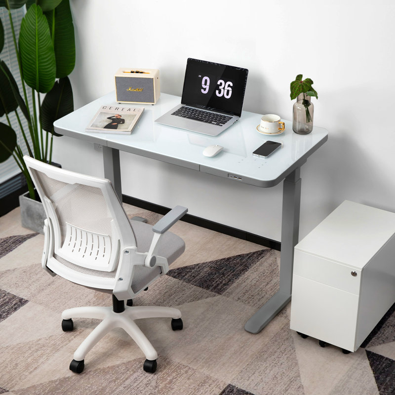 Gray Adjustable Height Standing Desk with Glass Top and Drawer