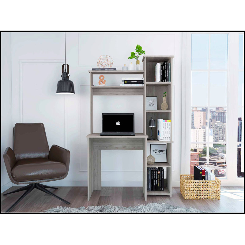 Bureau d'écriture gris clair à 6 tablettes avec bibliothèque intégrée, parfait pour un bureau à domicile organisé et élégant