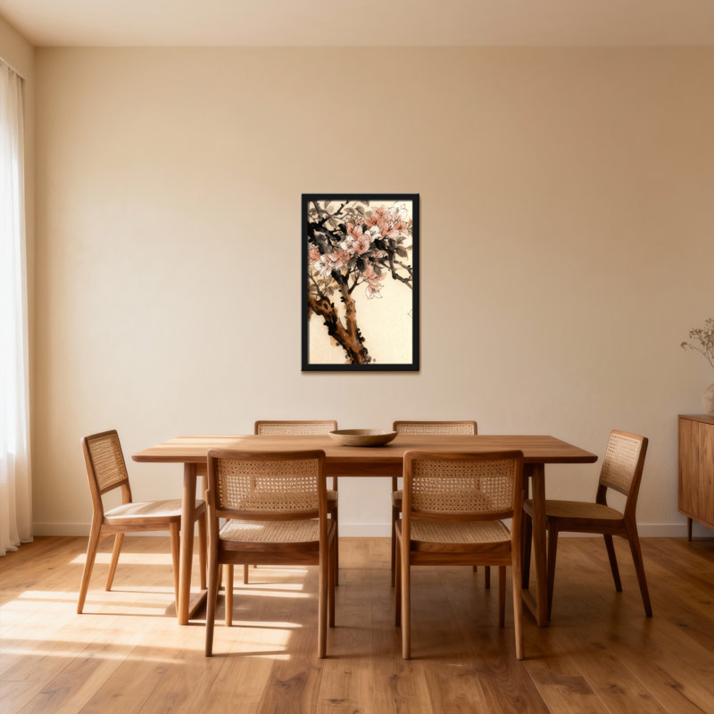 Tableau à l'encre représentant un cerisier en fleurs, sur toile tendue (lot de 1)., H 20 po x l 30 po, Noir