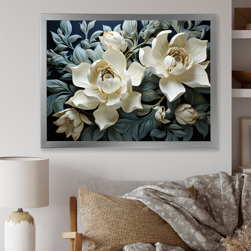 Tulipes blanches et bleues modernes sur toile, H 34 po x l 44 po x P 1,5 po, Cadre simple argenté