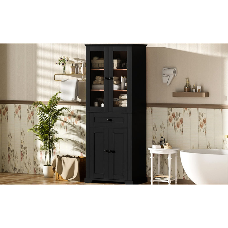 Modern 67.2" Bathroom Cabinet With Adjustable Shelving, Double-layer Door Shelf, And Soft-close System Freestanding Storage Unit Tempered Glass, Shelves, Drawer