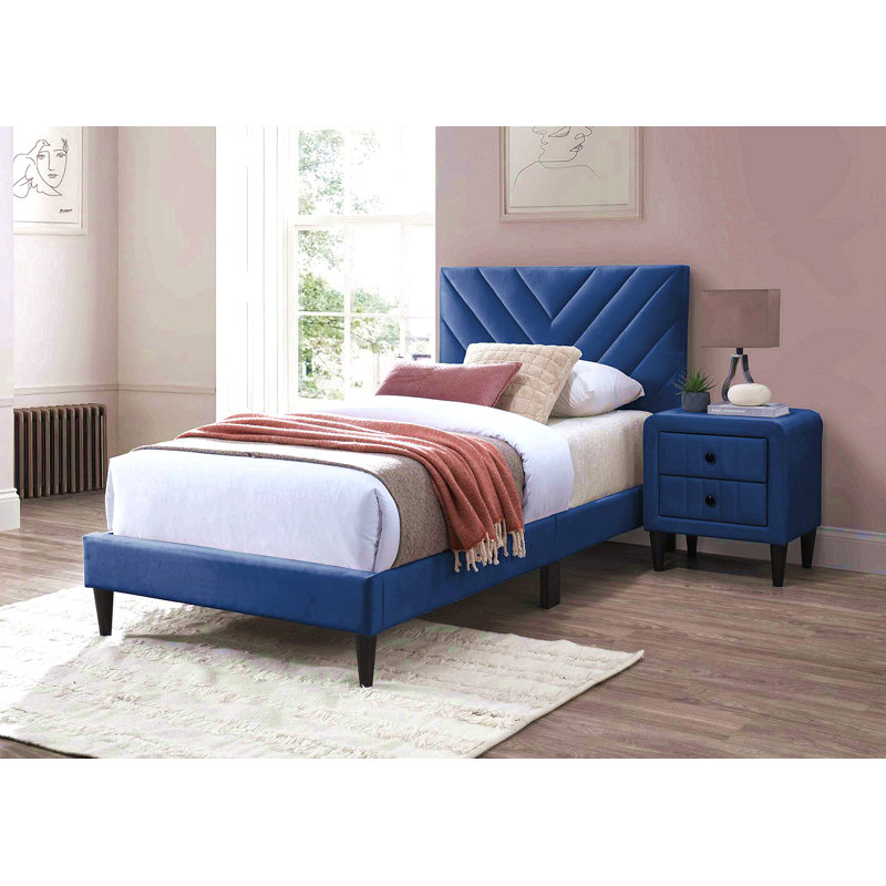 Modern V-Stitching Tufted Design Twin Bed Velvet Upholstered In Navy Blue, Navy Blue