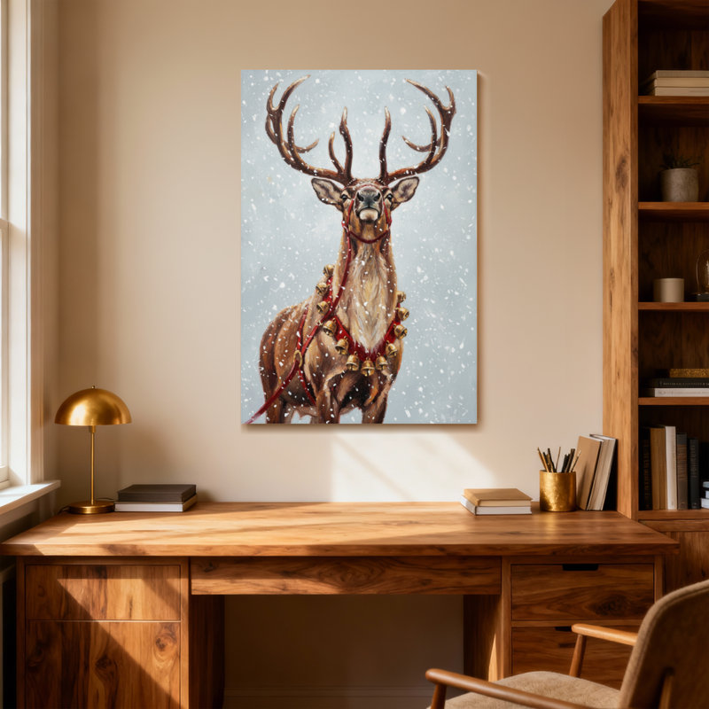 Animaux, cerf de Noël avec des clochettes dans la neige, H 40 po x l 28 po