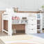 Lit mezzanine double pleine grandeur avec bureau intégré, tablettes et armoires de rangement-2142648047