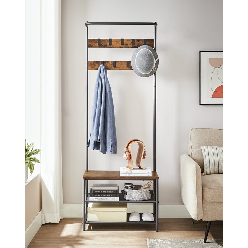 Hall Tree 25.2" Wide with Bench and Shoe Storage, Entryway Bench with Coat Rack Stand, 9 Movable Hooks, Top Bar