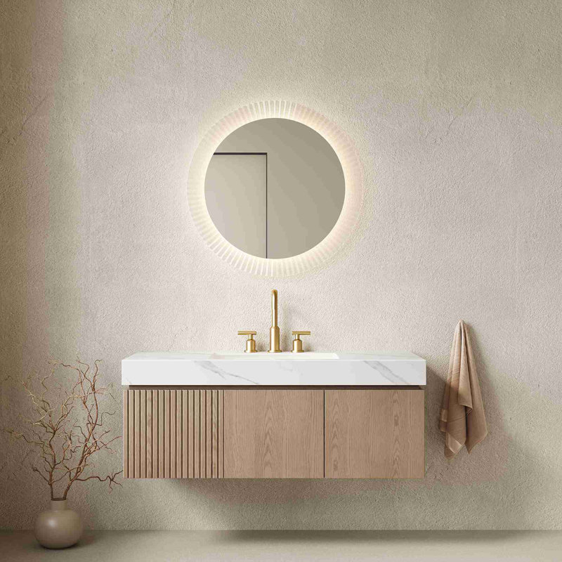 Meuble-lavabo flottant moderne avec plateau en pierre frittée, Marron clair, 48", Blanc de Carrare