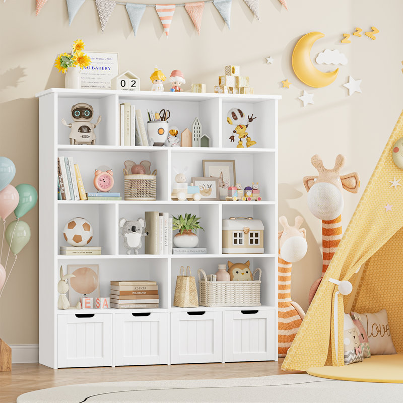57.5"H 5-Tier Cube Storage Bookcase, Standard Bookcase with 4 Removable Drawers, White