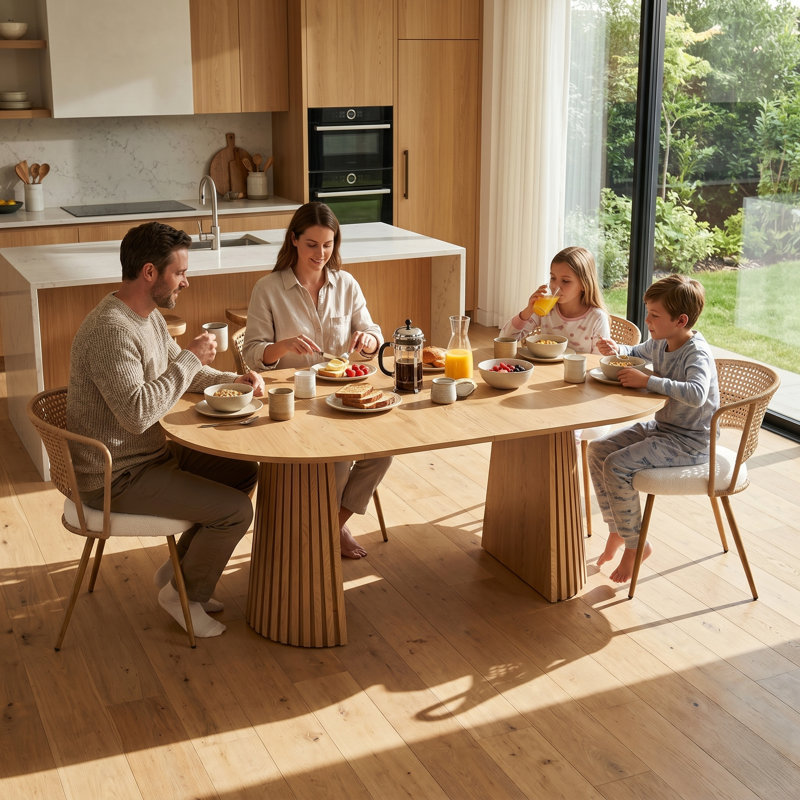 5 Piece Extendable Oval Dining Table Set For 4 Wood Look Kitchen Table With Rattan Back Upholstered Dining Chairs, Natural