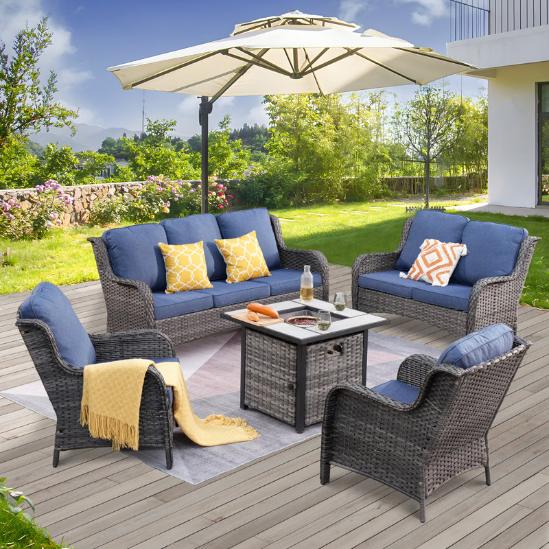 Ensemble de conversation avec canapé et coussins 5 pièces Klodjana, Bleu denim, gris