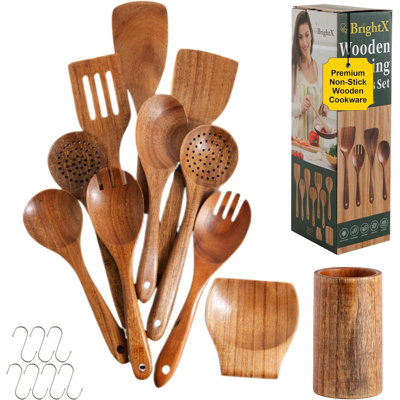 9-Piece Acacia Wooden Cooking Utensils Set - Non-Toxic, BPA-Free Wooden Spoons, Spatula & Ladle For Stirring, Mixing & Serving, Safe For Nonstick Cookware