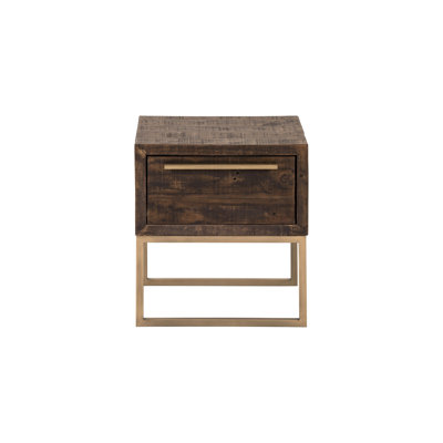  Industrial 18" Antiqued Brass and Brown Reclaimed Wood End Table with Drawer