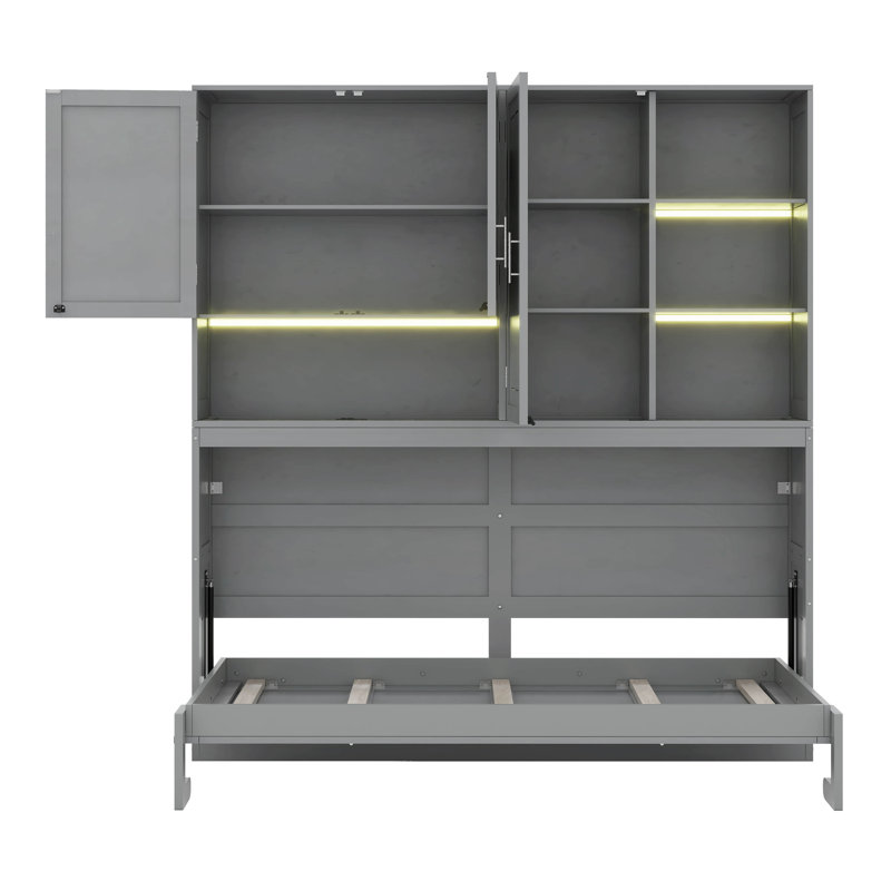 Lit escamotable simple horizontal avec armoire de rangement, lumière DEL, bibliothèque et tablettes, Gris