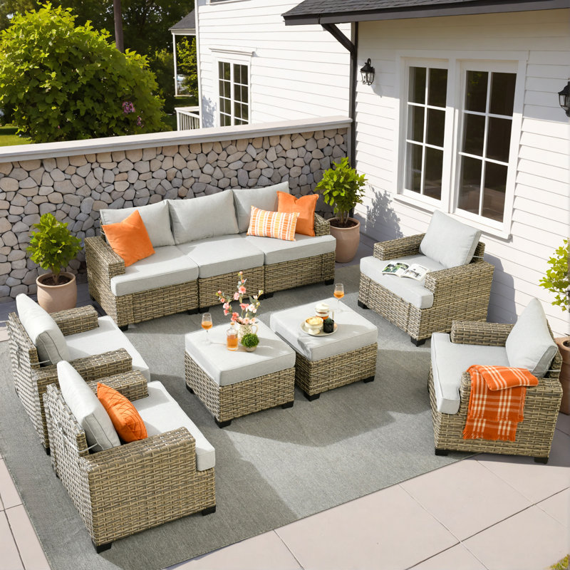 9 - Person Patio Furniture Set with Chairs, Outdoor Wicker Rattan Sectional Seating Group with Cushions, All Weather Sofa Conversation Set with Ottomans for Garden Backyard