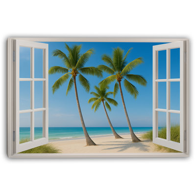 Trio de palmiers sur la plage de sable - série Coastal Window View