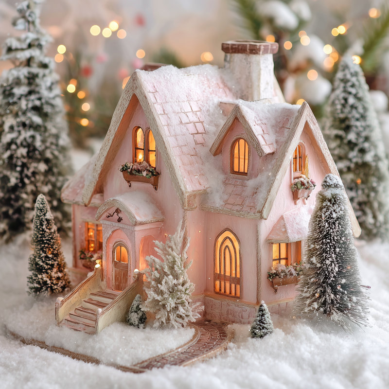 «Pink Winter Cottage I», art mural sur toile tendue, H 12 po x l 12 po