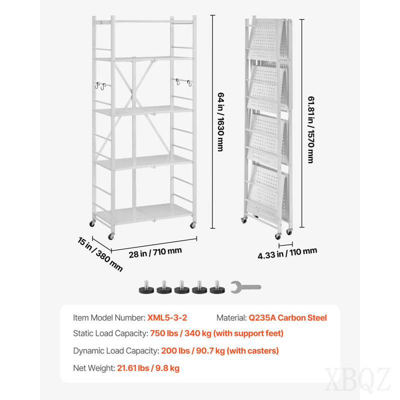 Folding Storage Shelf with Wheels 5-Tier Metal Shelving Unit White