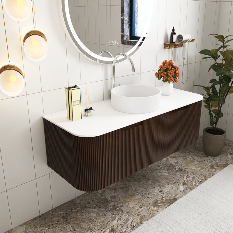 Meuble-lavabo mural 48 po pré-assemblé en grain de bois noyer foncé avec lavabo rond en céramique blanche, Brun