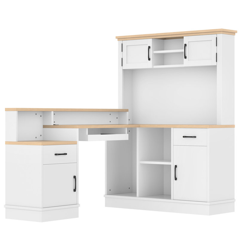 Bureau d'ordinateur en L avec prise de courant (sans tabourets), Naturel / Blanc