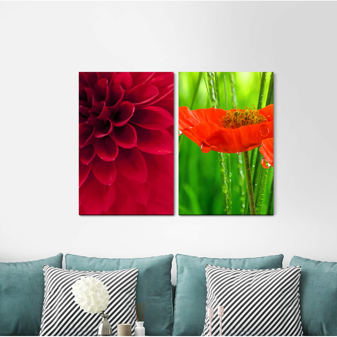 2-tlg. Leinwandbilder-Set - Fotografie „Dahlia Red Blossom Poppy Flower Morning Dew Summer Flora Fresh”