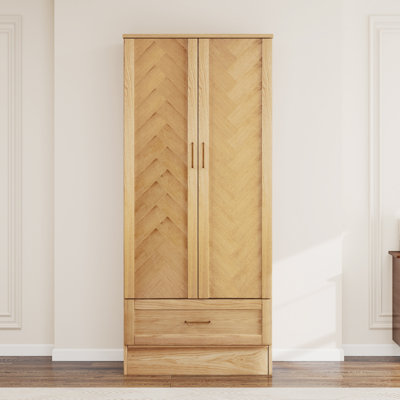 Solid Wood Armoire Wardrobe: 2 Doors Solid Wood Bedroom Armoires with Hangingrod Clothes Cabinet Storage with Drawer Natural Wood Finish by Lark Manor