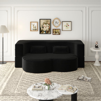 Canapé-lit moderne avec 2 coussins, canapé-lit convertible en velours côtelé rembourré de mousse, matelas pliant double de 15 po pour le salon, lit d'invité, aucun assemblage requis, noir