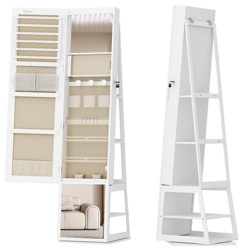Mirror Jewellery Cabinet, Standing Jewellery Organiser with 360° Rotating Base, Full Length Lockable Mirror, Large 4-Tier Storage Compartments, Multifunctional, White and Beige