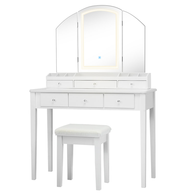 Ensemble coiffeuse Aoki avec tabouret et miroir, Blanc