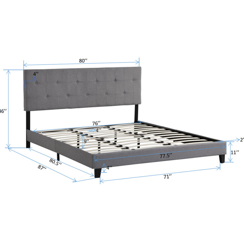 Très grand lit avec tête de lit tapissier en tissu de lin - Sans sommier gris facile à assembler 80,71 po Largeur 86,4 lb Poids 93,5 poids du colis 45,09 Hauteur Plateforme requise Capacité de charge de 600 lb