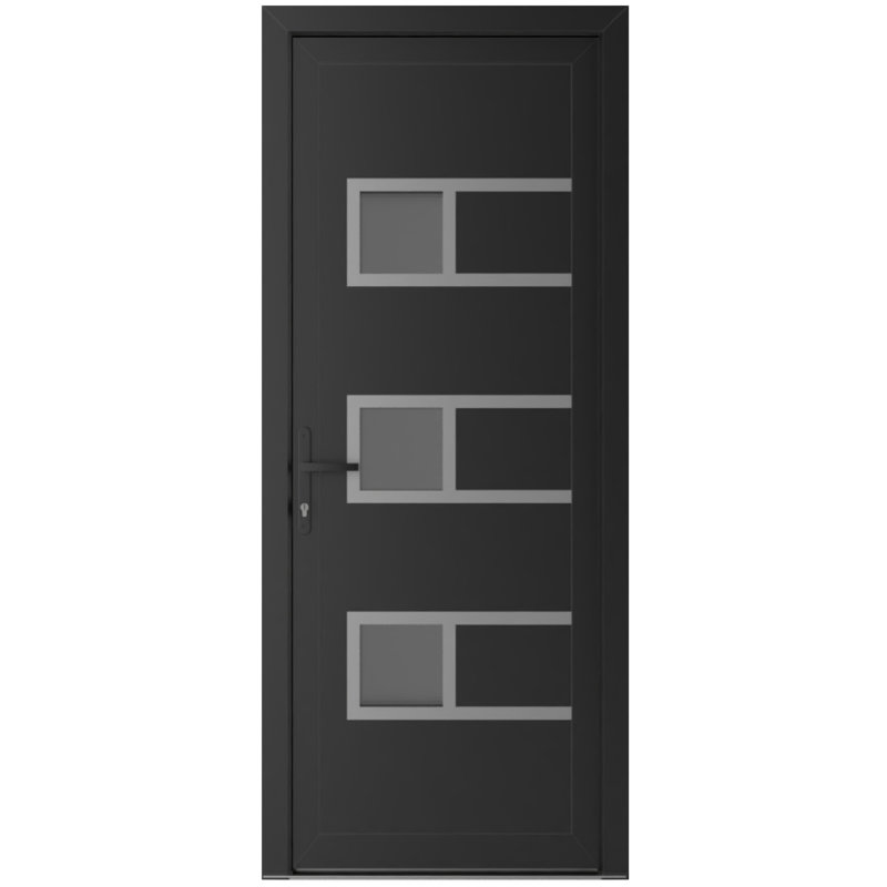 Porte d'entrée extérieure prémontée en PVC-U métal-plastique Manux 8933, noir mat, pour bureaux, commerces et habitations. Convient à l'entrée, au patio et au garage. Largeur : 81 cm x Hauteur : 203 cm. Ouverture à droite vers l'intérieur.