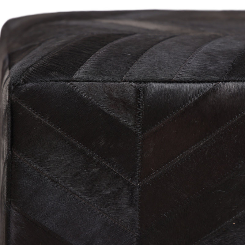 Handmade Black Cowhide Leather Ottoman Pouf 18X18 Chevron Patchwork