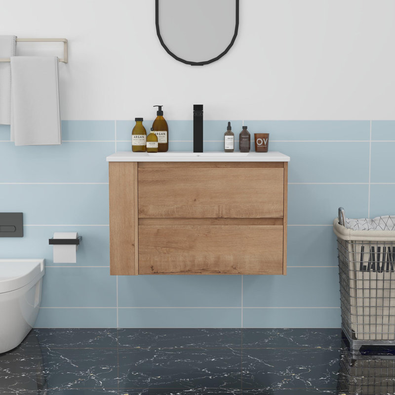 Meuble-lavabo mural 30 po avec lavabo, Imitation chêne