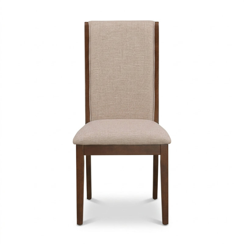 Mahogany Light Tan Wood Linen Fabric Round 3 Piece Dining Table Chairs Set Padded High Back Pedestal