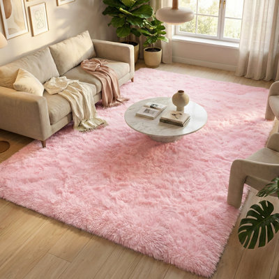 Pink Plush Rug for Living Room, Area Rugs with 4 Stickers, Shag Rug for Bedroom, Upgrade Non Slip Backing, Ideal For High Traffic Areas Indoor, Pet-friendly
