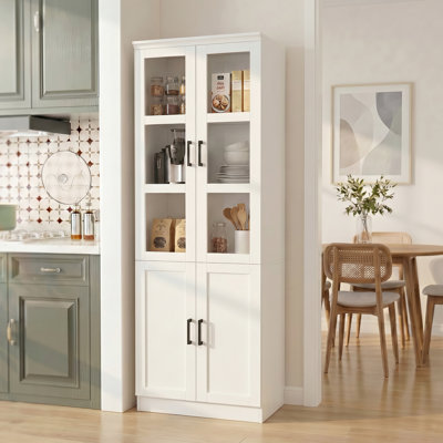 80" Freestanding Kitchen Pantry Storage Cabinet with Adjustable Shelves & Tempered Glass Doors, Retro White