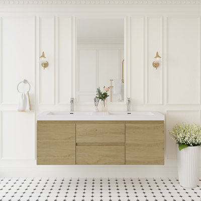 Meuble-lavabo flottant 60 po avec lavabo, meuble-lavabo mural moderne 60 po avec lavabo à surface solide, deux lavabos et tiroirs à fermeture en douceur