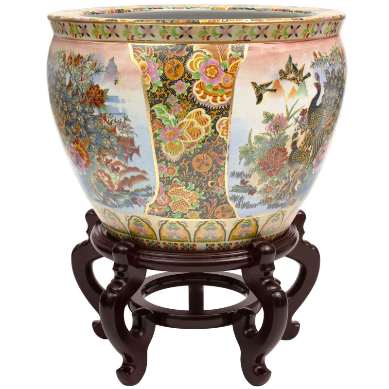 Satsuma Garden & Peacock Porcelain Fishbowl, 16.5" H x 20.5" W x 20" D, Birds and Flowers