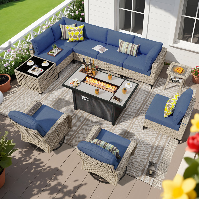 10-piece outdoor wicker patio furniture set with fire pit table, swivel chair and colorful cushions, Blue, Yes