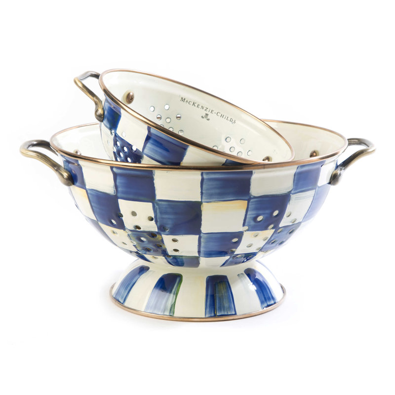 Large Blue and White Checkered Steel Colander