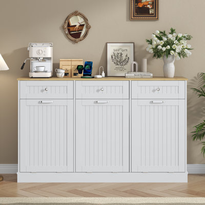 59" Freestanding Triple Tilt Out Trash Cabinet With Integrated Power Station And Storage Drawers 30 Gallon Kitchen Recycling Organizer
