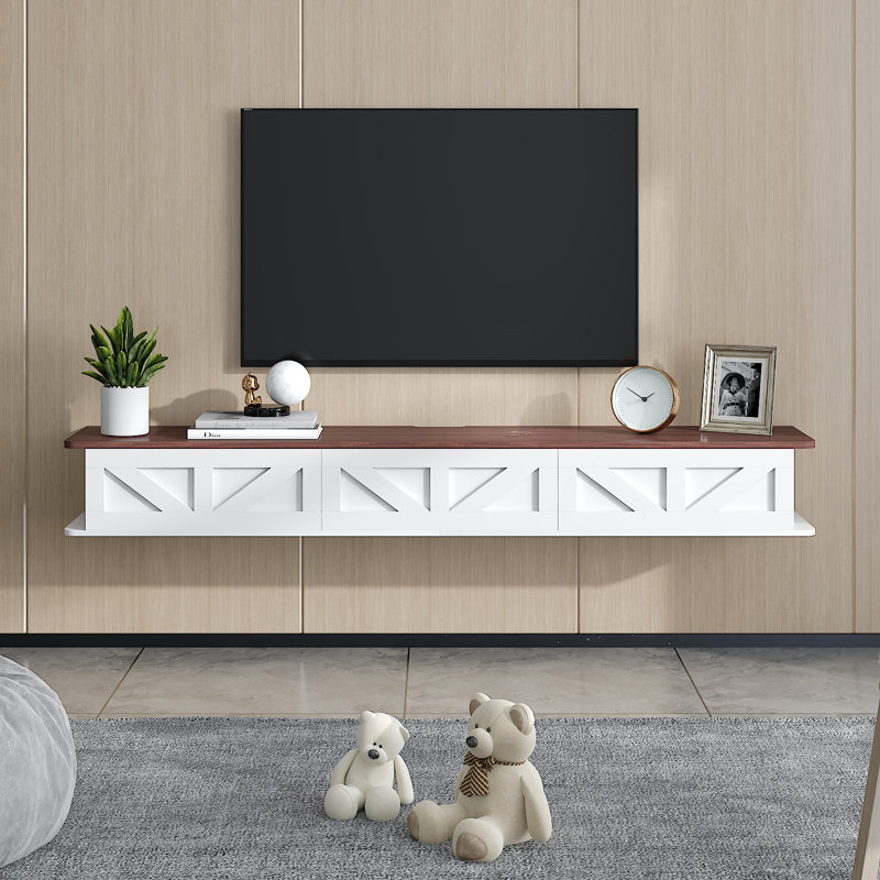 Meuble télé flottant Farmhouse, Blanc / Brun, 7.87" H x 62.99" W x 11.81" D