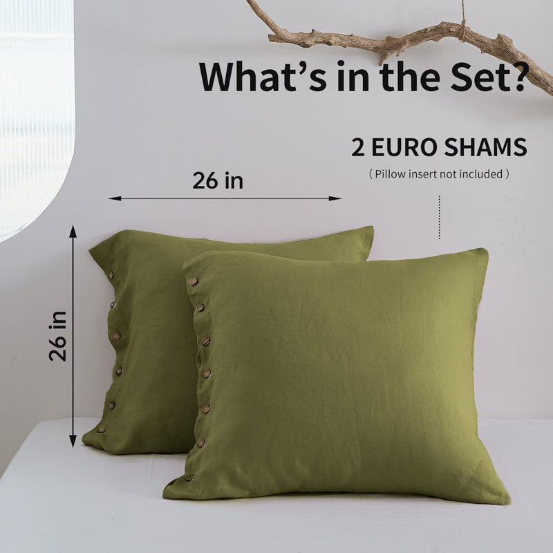 Housse de couvre-oreiller 100% lin lavé 100% euro, ensemble de 2 26 po x 26 po, Vert olive