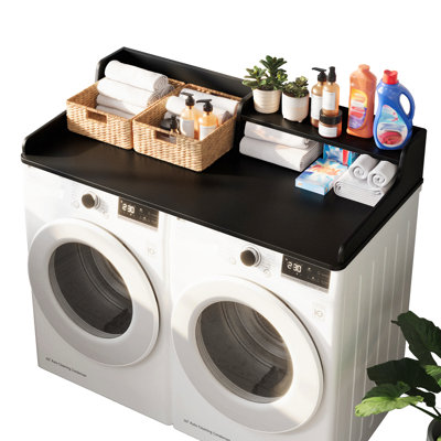 Washer Dryer Countertop, Laundry Wood 2 Tier Shelves Topper With Edge, 54" W X 26.7" D Cover Guard Organizer For Washer And Dryer Laundry Hamper Counter Storage Organization Black