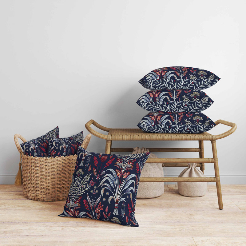 Coussin en suède Indian Dabu Flora, Bleu/rouge, Carré 16 po