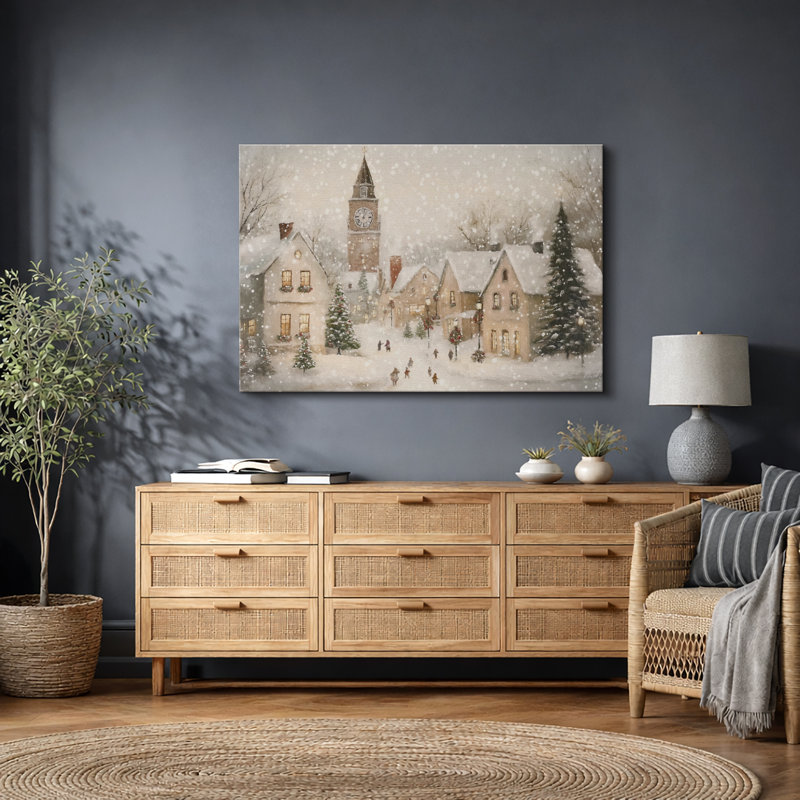 «Vintage Winter Snowy Village Landscape Country Christmas Holiday Decor», reproduction d'art sur toile encadrée, Toile tendue