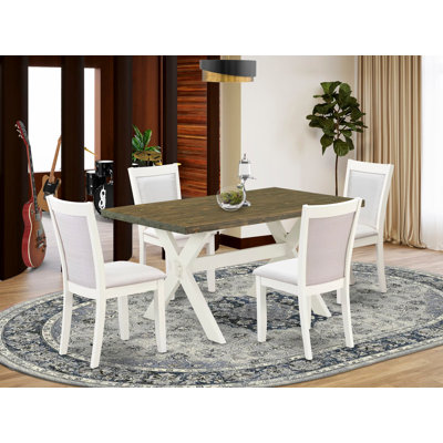 Ensemble de salle à manger 5 pièces composé d'une table en bois et de 4 chaises de salle à manger en tissu de lin crème avec dossier élégant - Lin brossé blanc