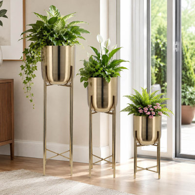 Modern Metal Planters on Stand for Living Room and Patio - Outdoor and Indoor Decorative Planter Elevated Flower Pots  Home Decor - Set of 3