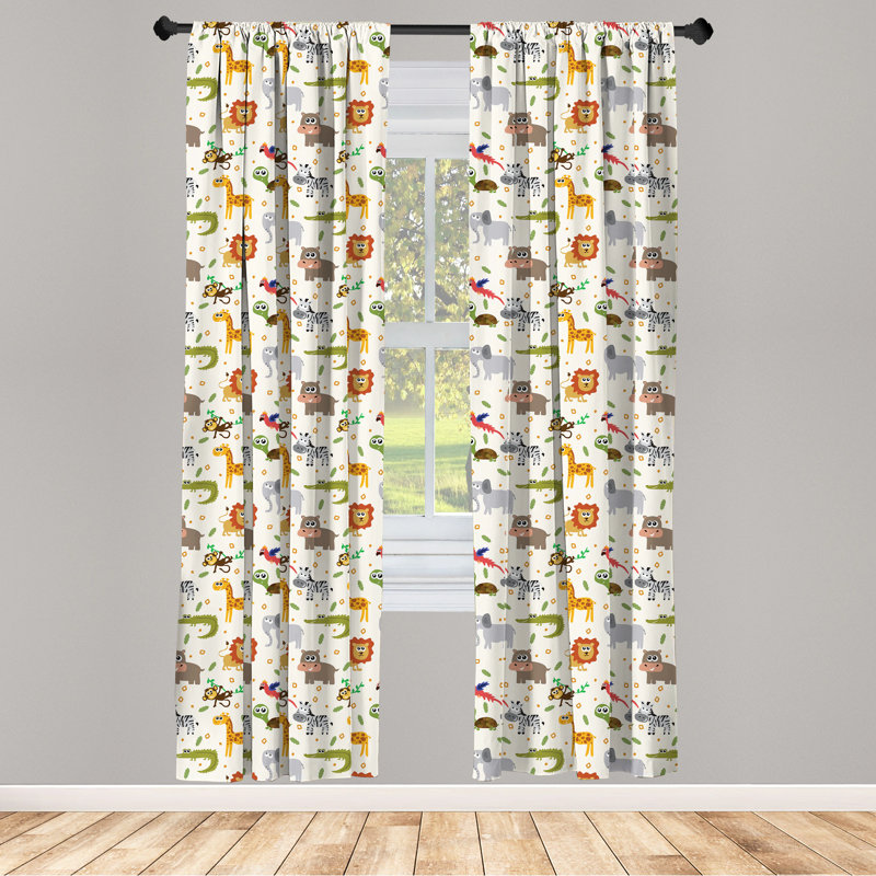 Multicolor Cartoon Animal Print Polyester Rod Pocket Curtain Panels